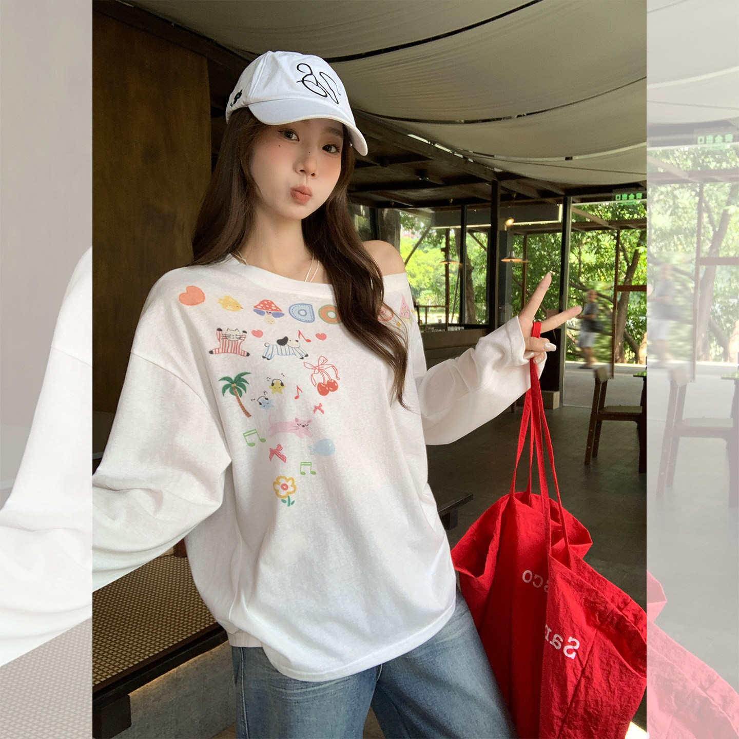 实拍实价彩绘涂鸦斜肩长袖罩衫t恤女2025宽松慵懒设计感小众上衣