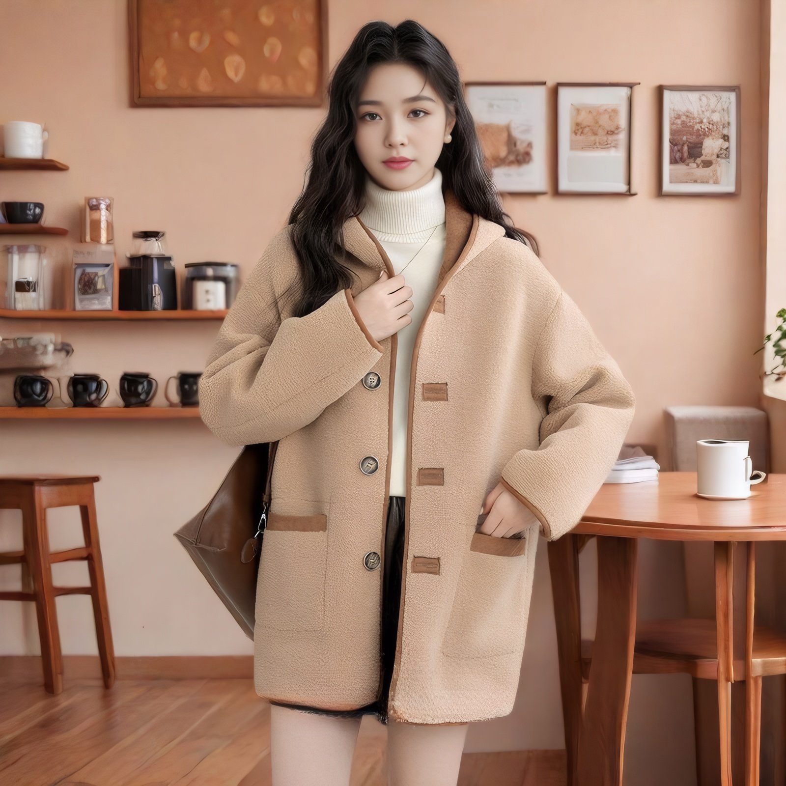 2025冬季新款卡其色加厚连帽棉服女皮毛一体两面穿宽松气质外套潮