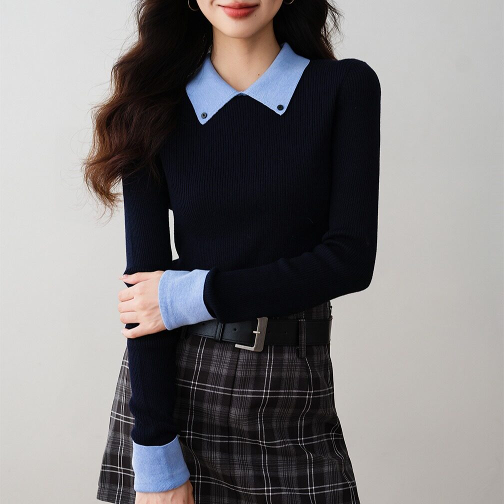 拼色修身POLO上衣假两件针织衫翻领T恤