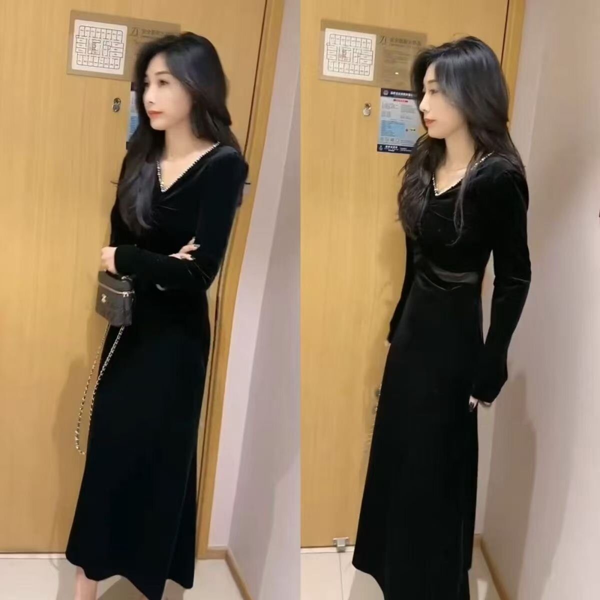 网红爆款时尚丝绒连衣裙女2025秋冬新款气质V领显瘦女神中长裙子