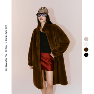 之塑环保毛皮草立领直筒加长宽松挺括简约奢华老钱风毛绒外套女