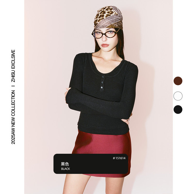 之塑莱赛尔羊毛波浪领口门襟背心内外叠穿两件套可拆分长袖上衣女