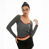 之塑撞色蕾丝罗纹上衣性感辣妹显瘦假两件拼接长袖 方领短款 T恤女