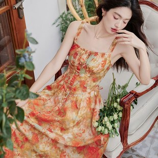 夏装 油画感碎花仙女口袋吊带裙两件套裙子 文艺复古防晒针织开衫