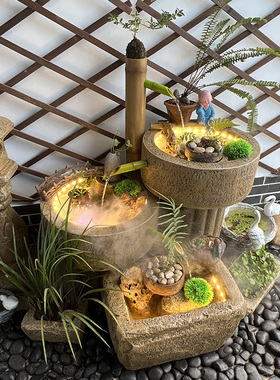 假山流水摆件日式花园仿石磨养鱼池装饰中式别墅庭院子造景观阳台