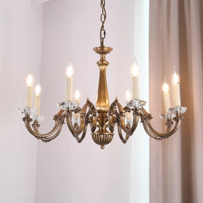 美式复古全铜蜡烛水晶吊灯客厅灯别墅复式楼中古轻法式卧室餐厅灯