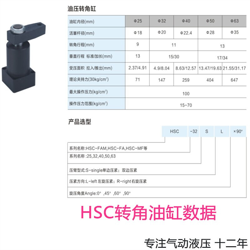 HSL RS HNS转角油缸HSC25 32 40 50 63X90SR右SL左旋液压工装夹具