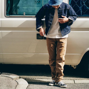 日本武士SAMURAI工装风SJ42CP 15OZ卡其刀耳中腰修身直筒牛仔裤