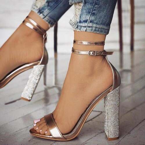 35-43 plus size women high heels sexy rhinestone thick shoes