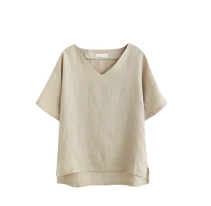 欧洲站2019夏季新款棉麻V领前短后长纯色短袖T潮 short sleeves T