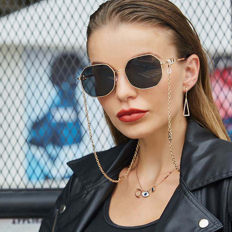 抖音链条墨镜女欧美新款ins网红防掉链凹造型太阳眼镜sunglasses
