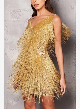 Sexy partydress演出生日派对晚礼服挂脖女聚会V领性感流苏连衣裙