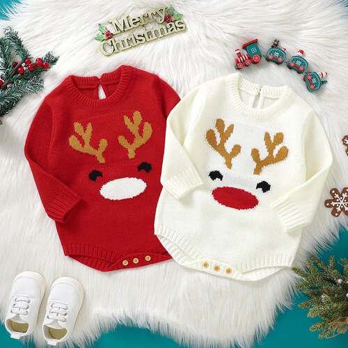 Christmas Baby Romper Girls Boys Knit Clothes Cartoon Elk Lo