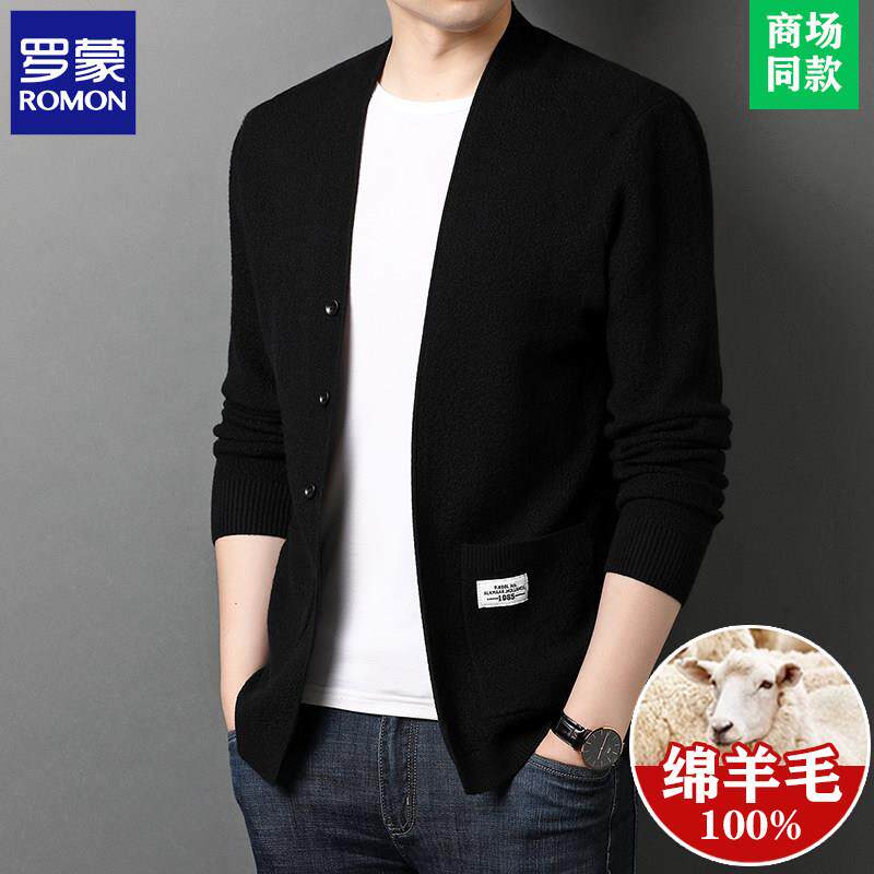 罗蒙高端100%纯羊毛开衫男士春秋潮流韩版休闲V领针织衫毛衣外套