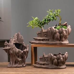 紫砂神工天巧古房小盆景家用复古客厅办公室文竹菖蒲六Z月雪带托