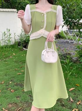 法温柔风拼接连衣裙女pENL夏季新款大本码胖妹妹收腰复式赫风古初