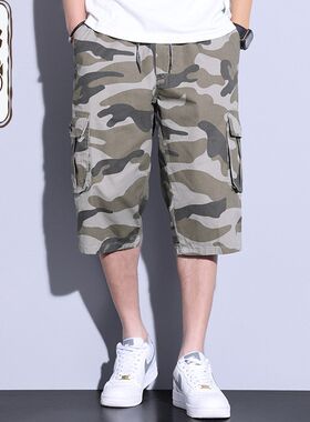 高端100%纯棉短裤男夏t季时尚工装裤子男迷彩潮流宽松直筒七分中