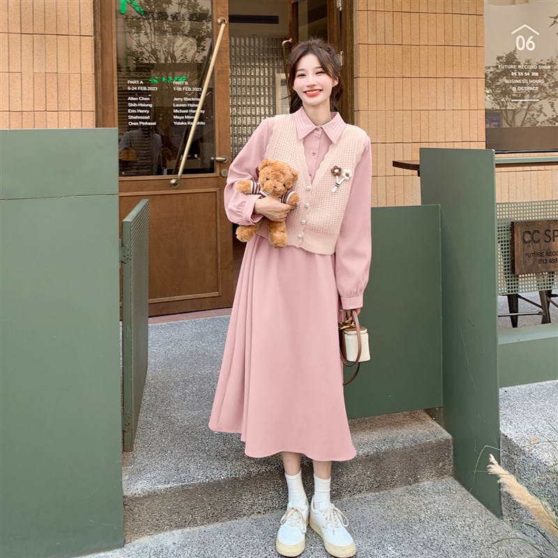 粉色马甲套装秋季女2024新款一套入秋穿搭小个子长袖连.衣裙两件