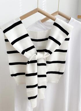 典NNQ黑白经条百纹披肩女春秋搭装饰假领子肩毛线针织搭围巾外搭
