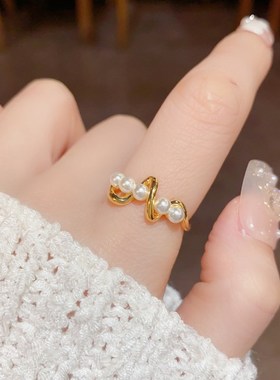 时尚设计感波浪珍珠开口戒网红个性气质百搭高级食指Y戒配饰