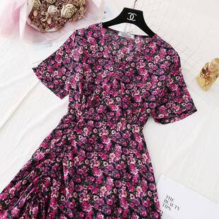 很仙仙紫色碎花连衣裙女夏装2022年新DXI款小个子春裙子仙气的超