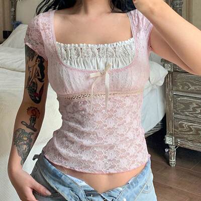 Trim Crop Top Bow Cute Sweet T Shirt Women Summer Tee Lace