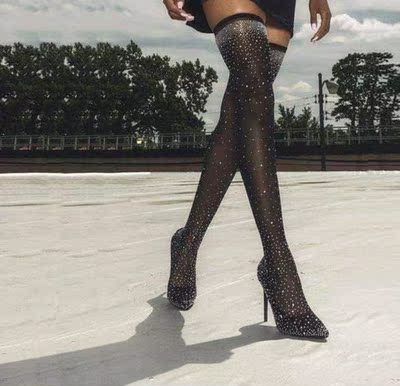 Pointed High Heels 欧美时尚性感烫钻学高跟大码尖头弹力袜子靴