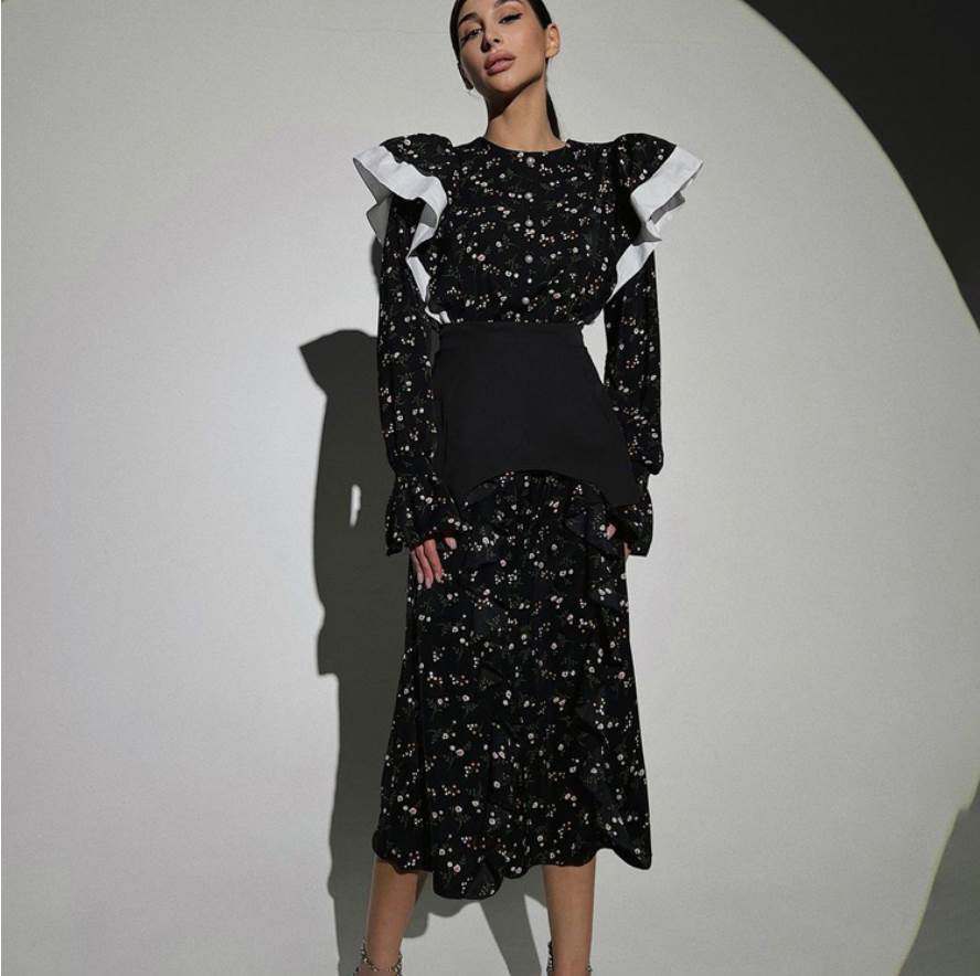 Floral long dress 法式设计感荷叶边长袖可拆卸腰封碎花女连衣裙