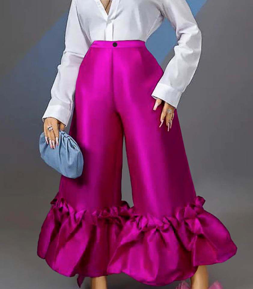 Rose Red Ruffle Pants 设计感荷叶边高腰玫红色大码收腰阔腿长裤