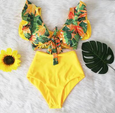 Women Two Pieces Swimsuit Floral Beachwear V-Neck Bathing Su