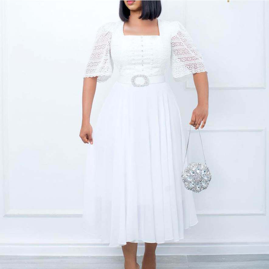 Square Neck Chiffon Beaded Dress 欧美方领雪纺钉珠大摆连衣裙
