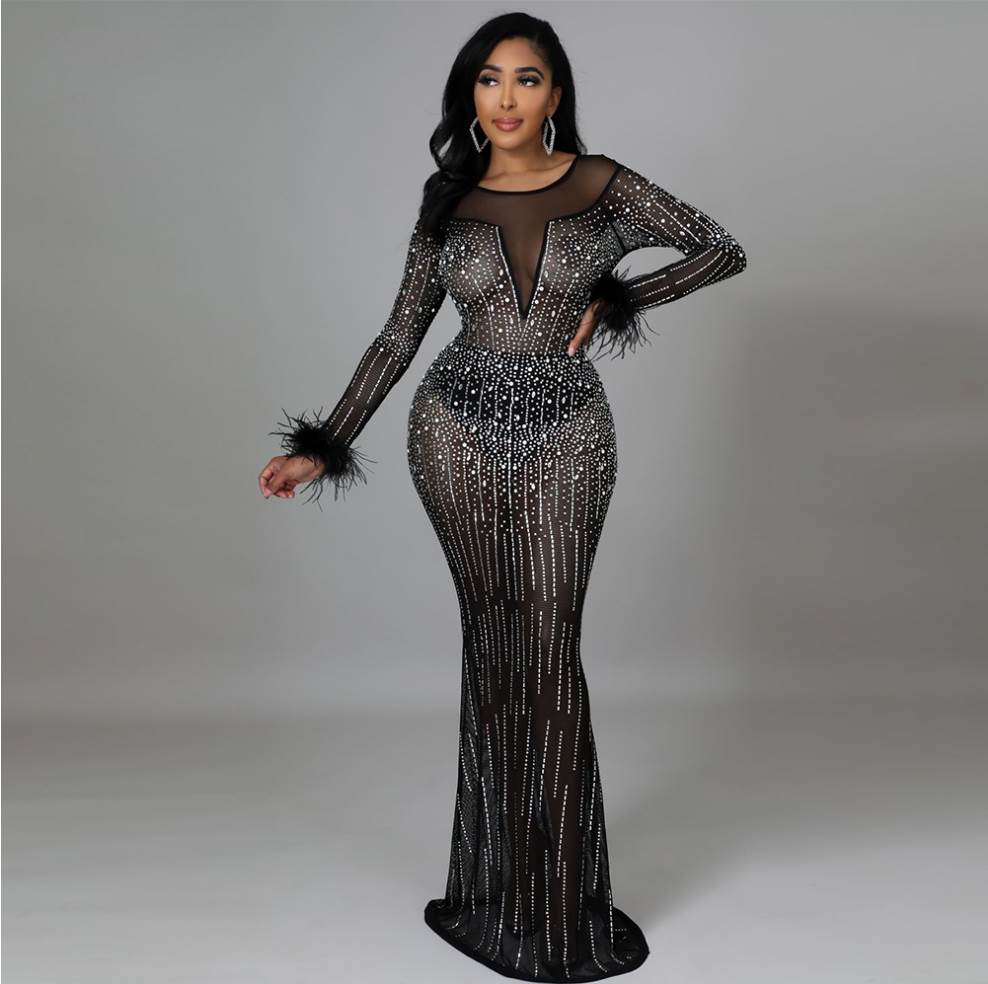 Feather Mesh Party Dress 欧美性感网纱透视烫钻羽毛袖派对长裙