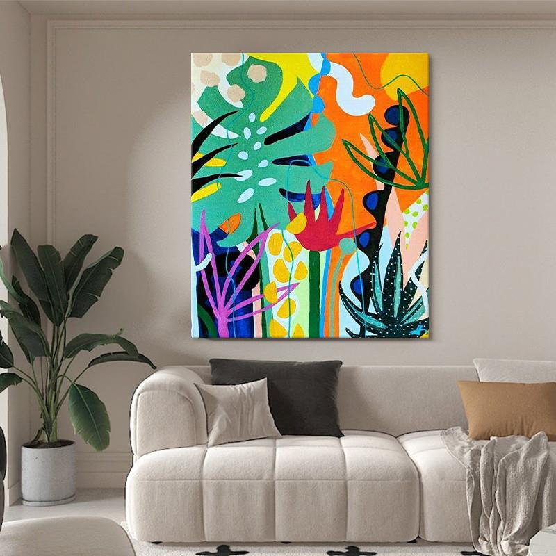 抽象植物纯手绘壁画玄关彩色装饰画客厅艺术挂画大幅落地肌理油画图片