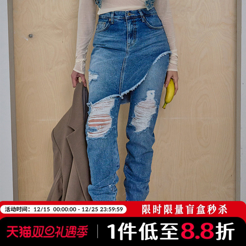 假两件破洞牛仔裤裙设计感裤子