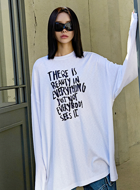 Mathieu韩国黑色长袖T恤女春季美式宽松体恤休闲打底衫高级感上衣