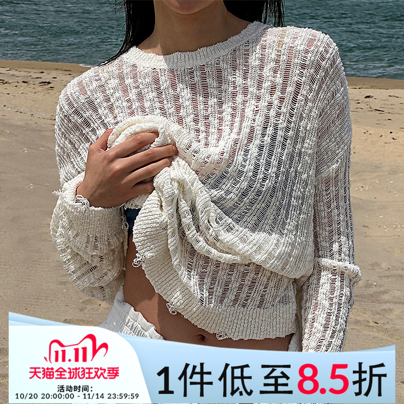 Mathieu韩国性感透视针织衫女春季新款洋气慵懒风宽松别致上衣薄