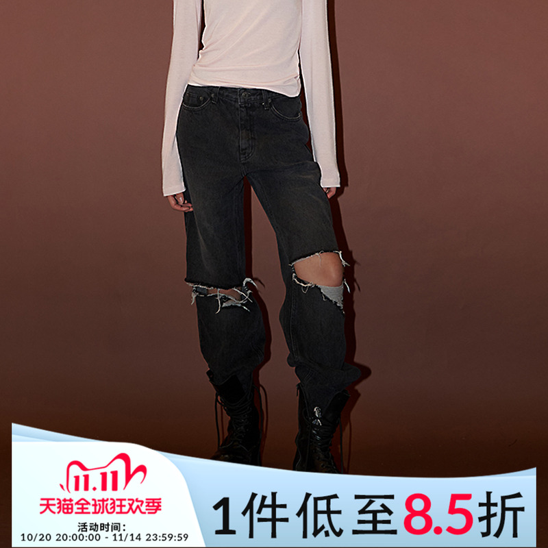 Mathieu韩国时尚高级感破洞牛仔裤女秋季新款美式高街微喇裤子