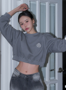 Mathieu韩国大灯家美式短款卫衣女初春刺绣宽松圆领慵懒风上衣