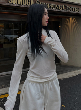 Mathieu韩国纯色圆领长袖T恤女夏季新款印花显瘦微透性感辣妹上衣