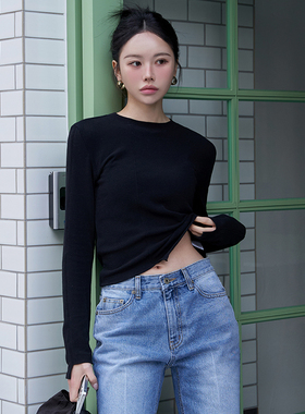 Mathieu韩国圆领不规则长袖T恤女早春新款黑色打底衫复古上衣薄