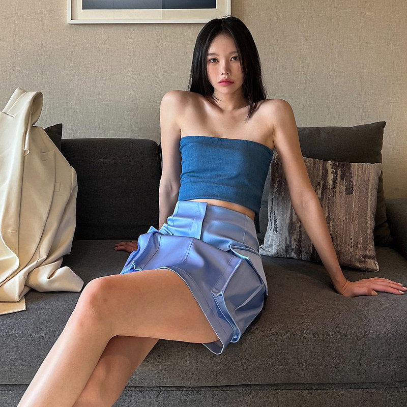 Mathieu韩国洋气无袖抹胸上衣女夏季设计感褶皱露背甜辣吊带背心