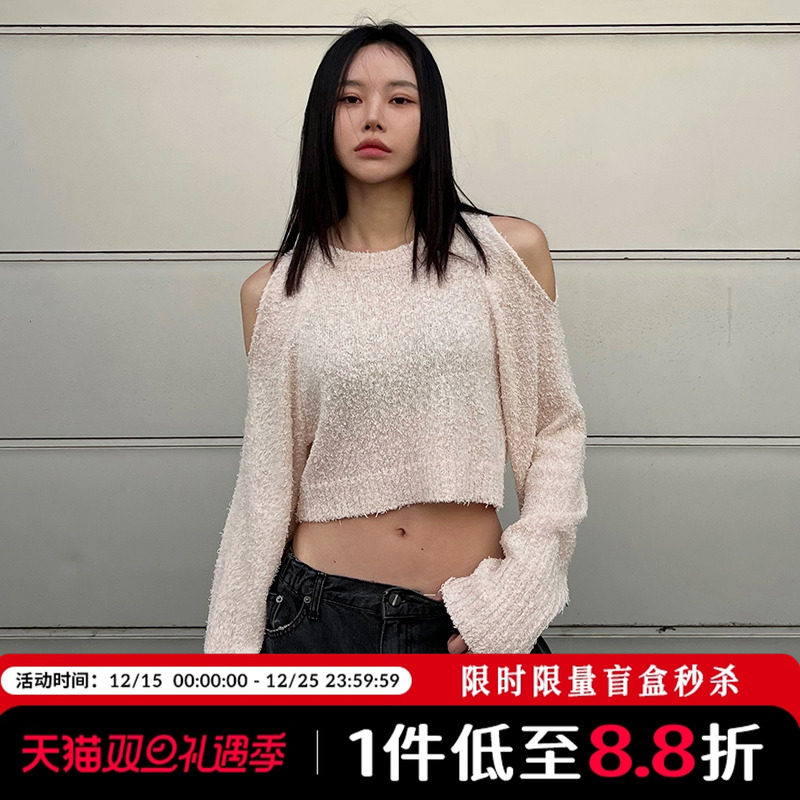 Mathieu韩国气质短款针织衫女初春新款性感露肩套头显瘦上衣薄