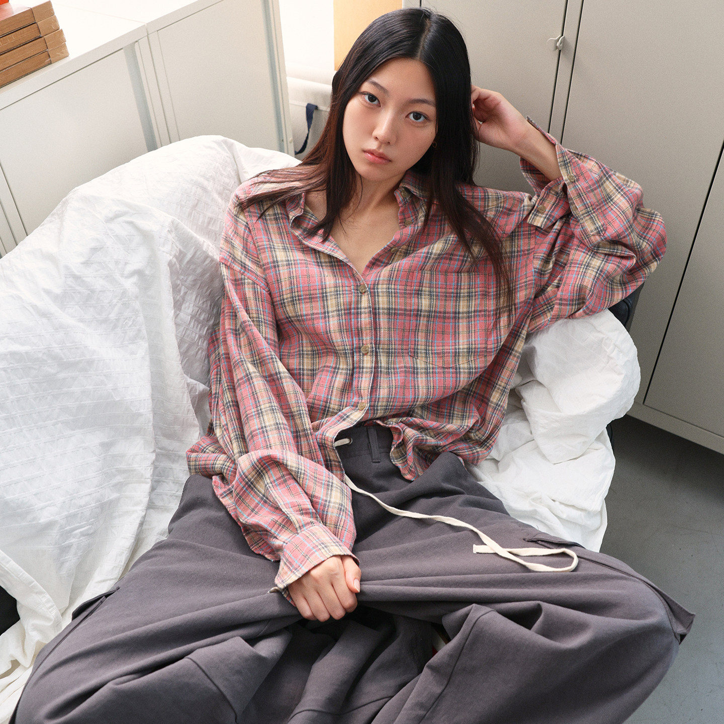 Mathieu韩国大灯家9/18上新26FW复古翻领纽扣休闲格子长袖衬衫女