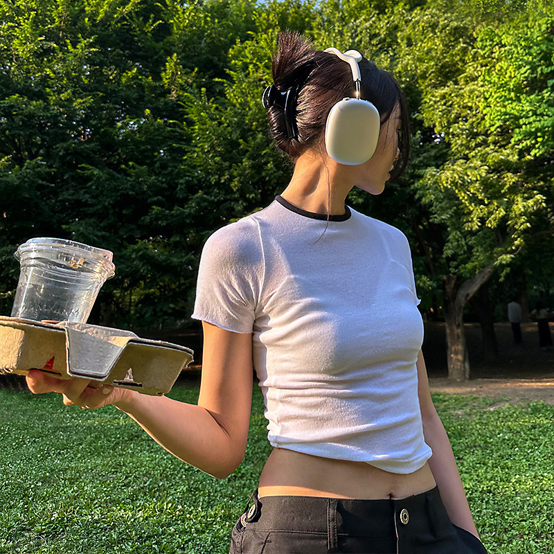 Mathieu韩国拼色圆领短袖T恤女夏修身显瘦打底衫洋气时尚短款上衣