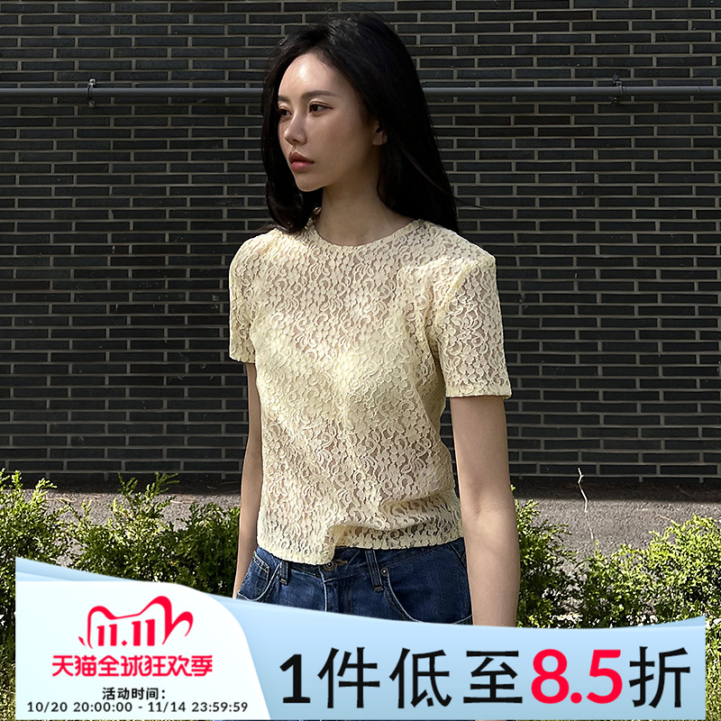 Mathieu韩国法式气质蕾丝提花短袖T恤女夏季洋气显瘦性感透视上衣