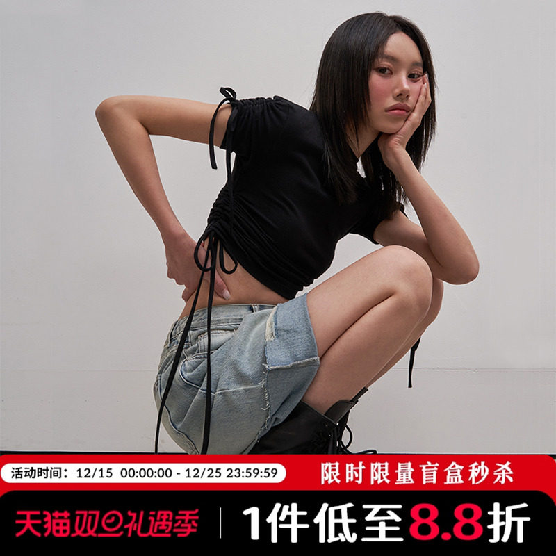 Mathieu韩国设计感系带短袖T恤女夏季洋气小衫修身显瘦别致上衣