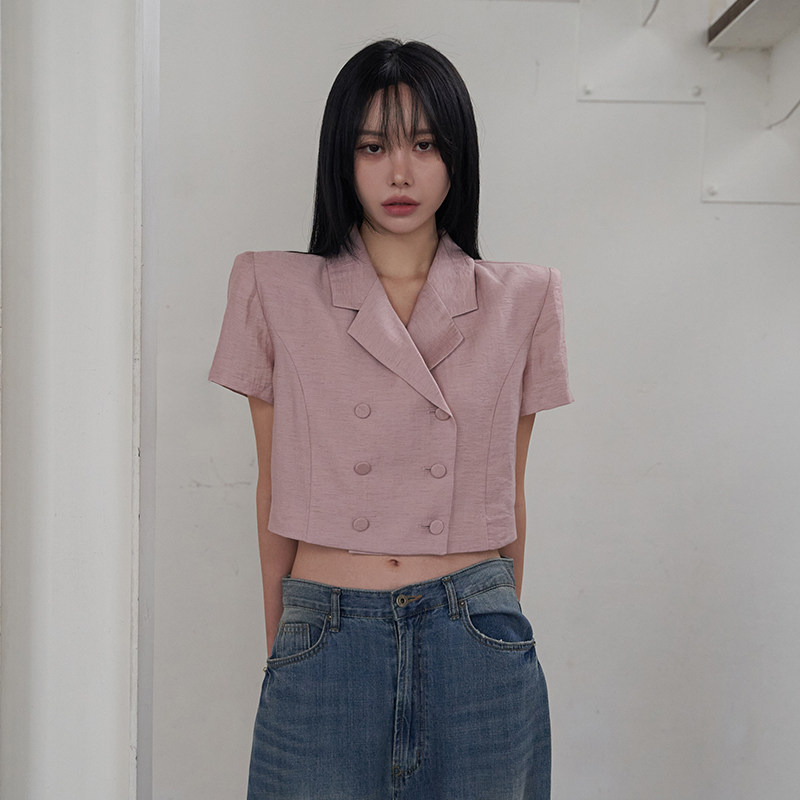Mathieu韩国气质短款短袖外套女夏季新款休闲双排扣显瘦上衣薄款