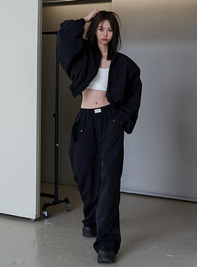 Mathieu韩国时尚套装女夏季新款短款肩垫夹克外套阔腿休闲裤子