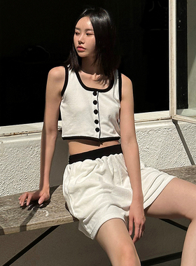 Mathieu韩国时尚气质套装女夏季新款洋气吊带背心拼色休闲短裤子