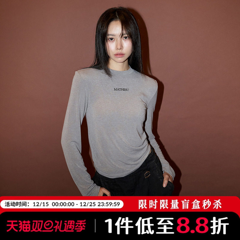 Mathieu韩国休闲长袖T恤女秋季显瘦微透打底衫时尚简约体恤上衣